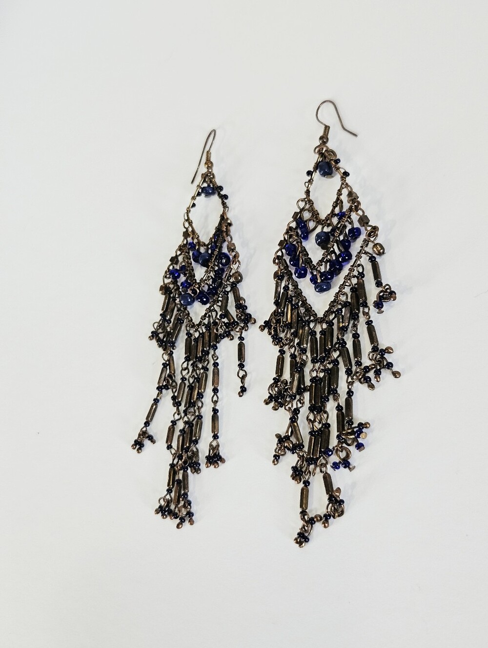 Vintage Free People Y2K Beaded Boho Bronze Dangle Fringe Chandelier Earrings - Picture 6 of 8